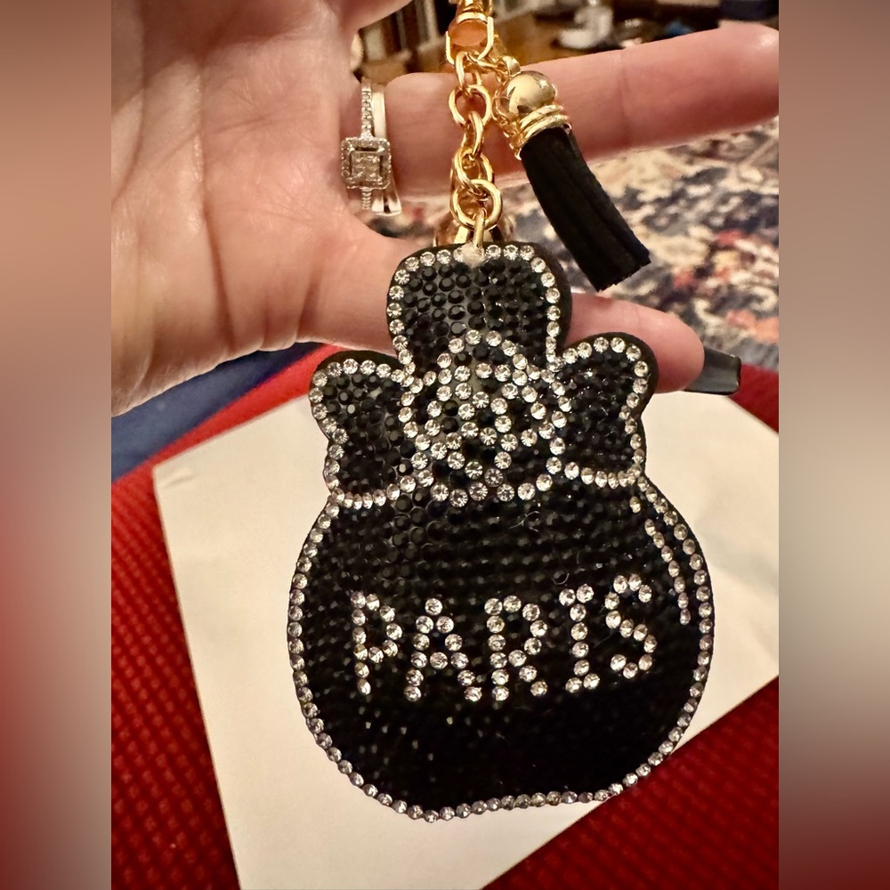 Perfume Bottle Black Rhinestone Puffy Key Chain/Bag Charm with flower NEW